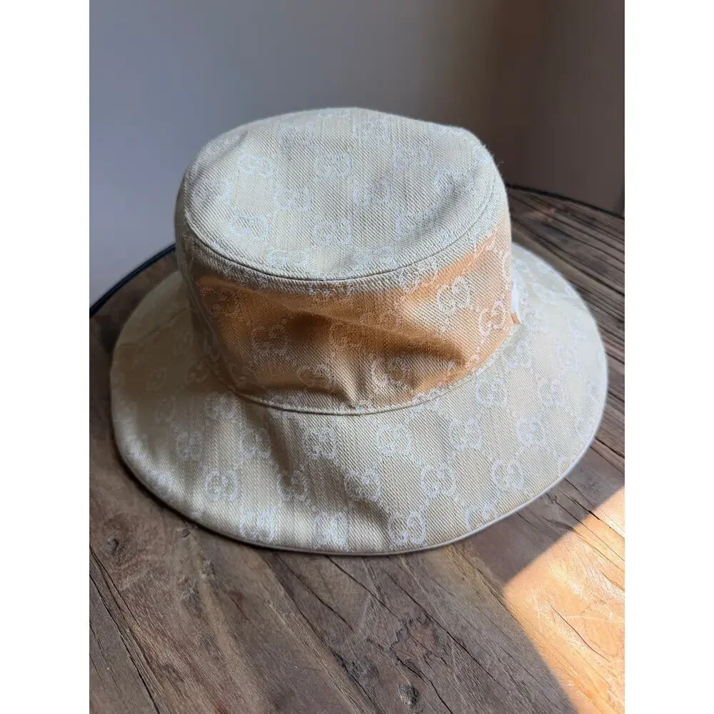 Gucci Denim Logo Horsebit GHW Bucket Hat in GG Canvas NWT Size Med 57 cm